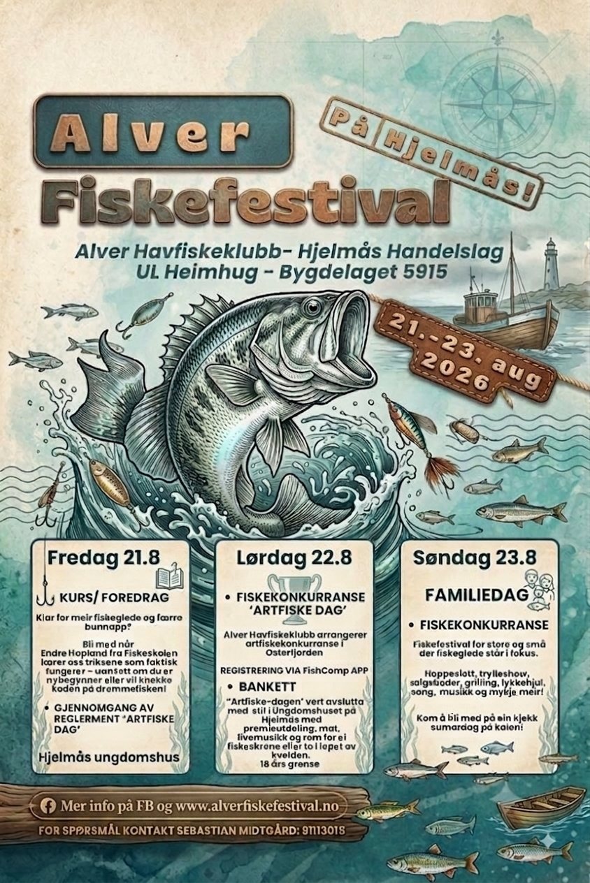 Festivalplakat for Alver Fiskefestival 21.–23. august 2026 på Hjelmås. Akvarellillustrasjon av en hoppende fisk, sjark og fyrlykt, med egne felt for fredag, lørdag og søndag.