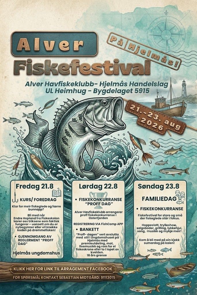 Festivalplakat for Alver Fiskefestival 21.–23. august 2026 på Hjelmås. Akvarellillustrasjon av en hoppende fisk, sjark, fyrlykt og fiskesluker, med programmet for fredag, lørdag og søndag.